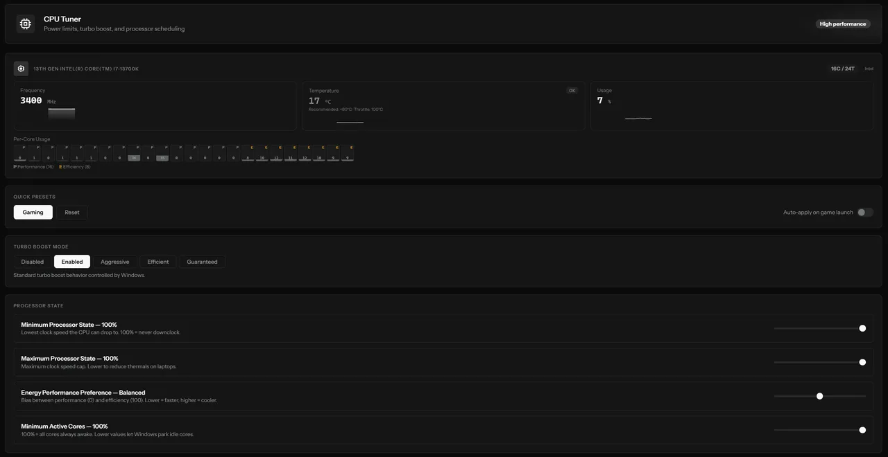 PULSE CPU tuner with EPP, turbo modes, P/E-core affinity
