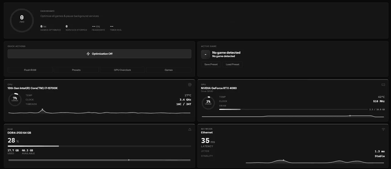 PULSE real-time dashboard with CPU, GPU, RAM, FPS telemetry